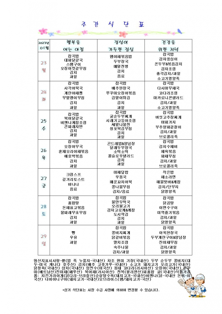 1월 넷째주 식단