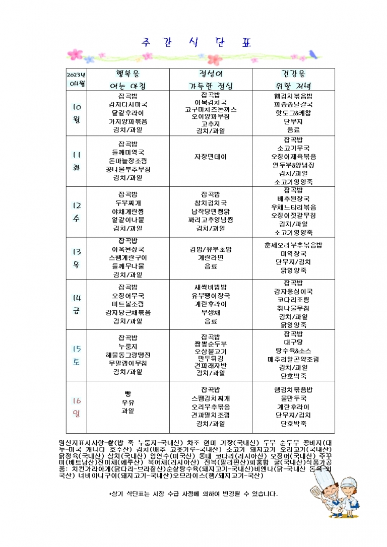 4월 둘째주 식단